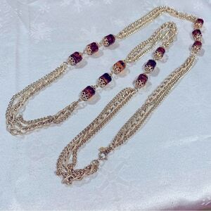 Sarah Coventry Necklace Brushed Gold Tone Chain & Faux Amber Beads Long 50”